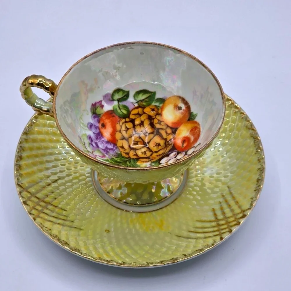 Vintage Nippon Yoko Boeki Diamond Quilt Opalescent Fruit Teacup and Saucer Set